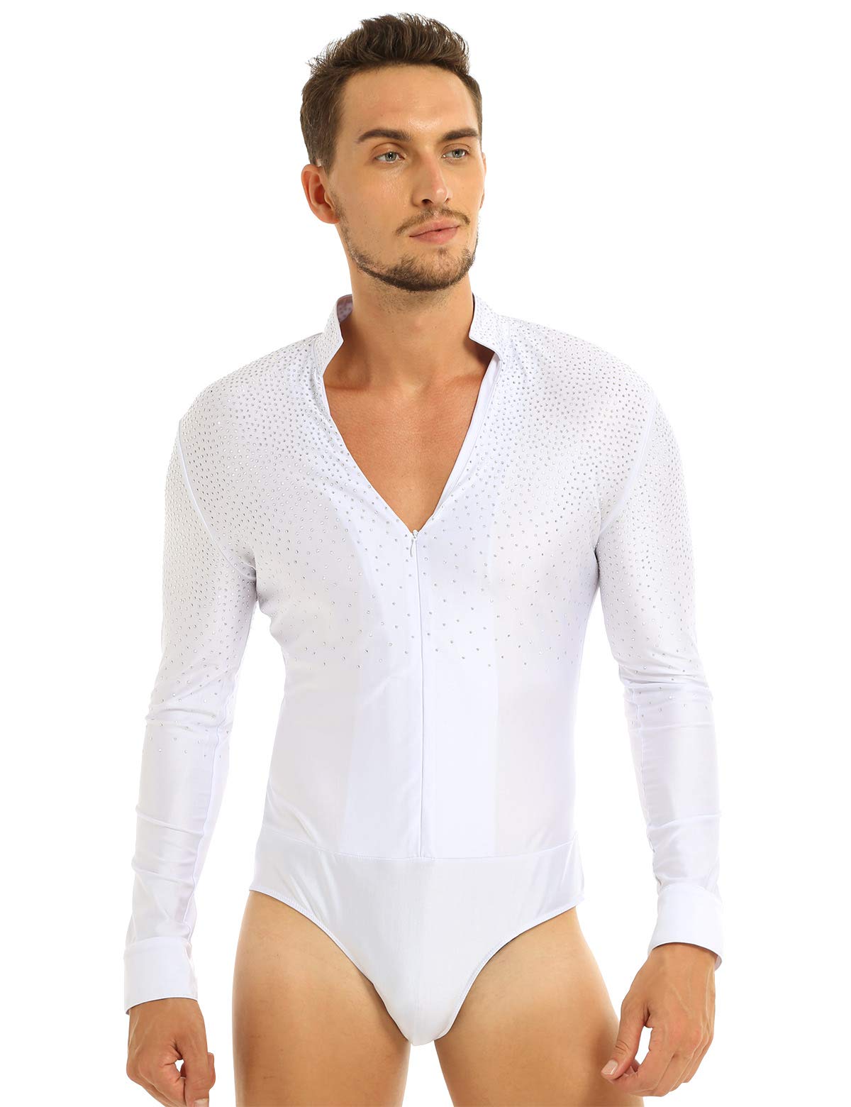 FEESHOWMen's Dance Shiny Rhinestones Bodysuit Shirt Ballroom Salsa Samba Latin Tops Leotard