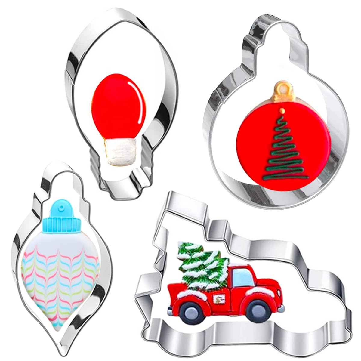4 cortadores de galletas de adorno de Navidad, tamaño grande, para árbol de Navidad, para coche, formas de adorno de luz, cortadores de galletas, moldes de metal para masa de fondant,