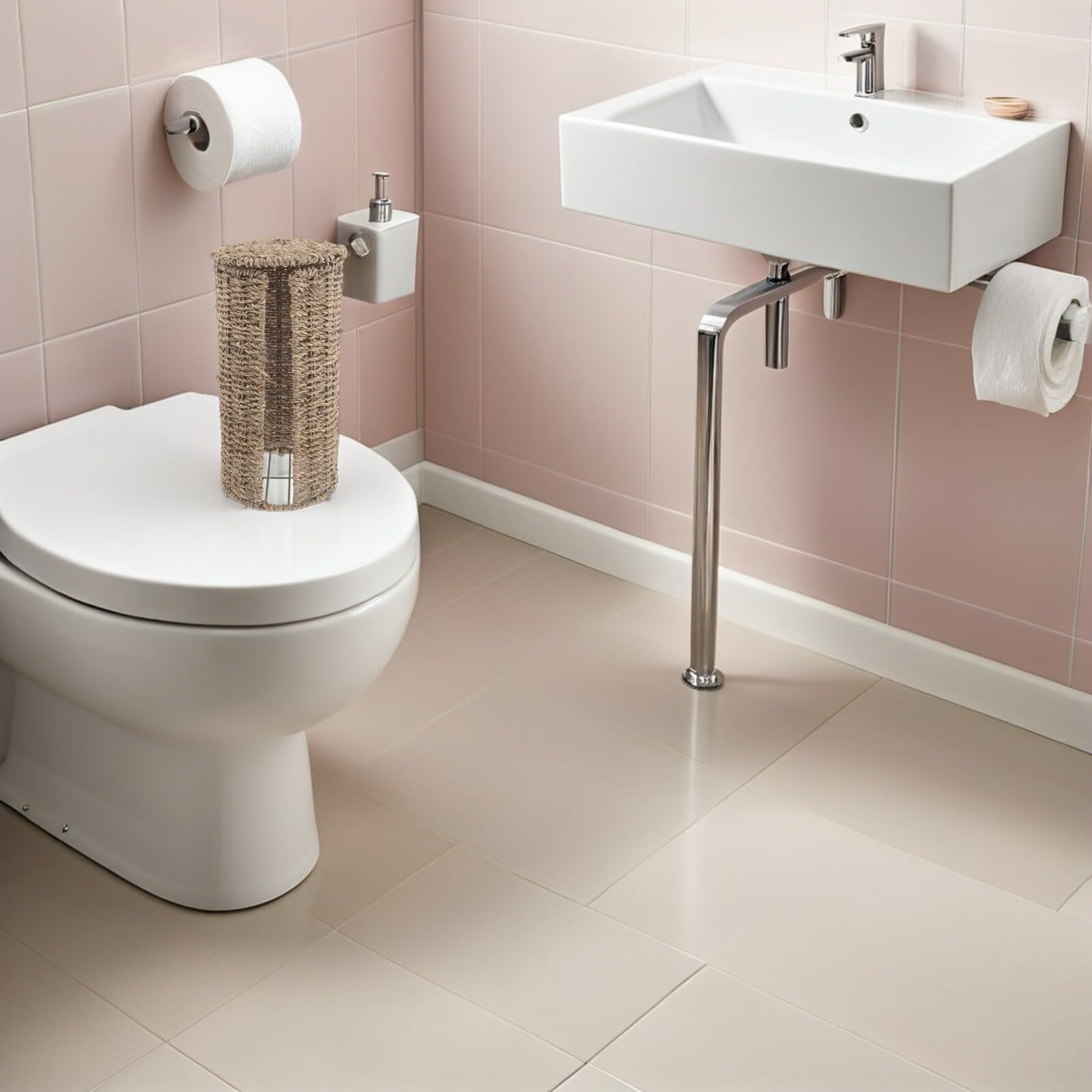 Cesta para Portarrollos de Papel Higiénico de Ratán con Tapa | Hierro y Ratán, Forma de Cesta, Ligera y Compacta, Estilo Boho, Minimalista y Elegante para Baño