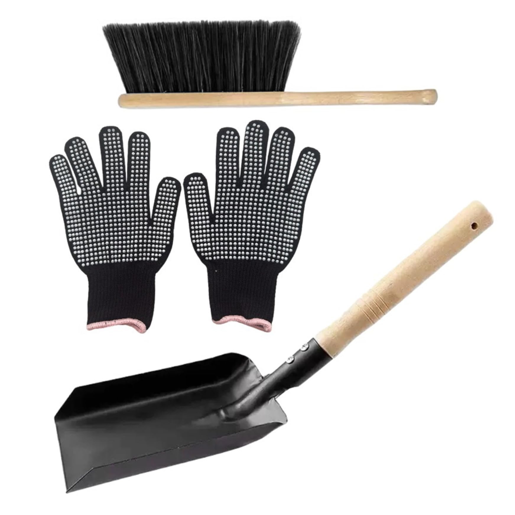 Cakeeyum Black 3Pcs/Set Fireplace Shovel With Fireplace Broom And Gloves Metal Ash Shovel With Wooden Handle For Fire Pit Hearth Wood Stove, Broom, Brush, Ash