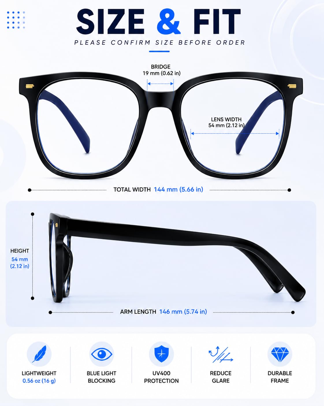 LANYING - Lentes cuadrados de gran tamaño con bloqueo de luz azul para mujeres y hombres, antirreflejos, reducen la fatiga ocular (negro)
