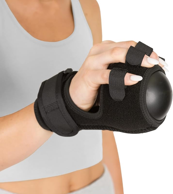 BraceAbility Férula antiespasticidad - Trazo de contractura Ortesis de mano en reposo Soporte y bola para alivio de calambres derecho o izquierdo, dolor de espasmos, terapia de recuperación, tratamiento de Dupuytren, remedio para la artritis