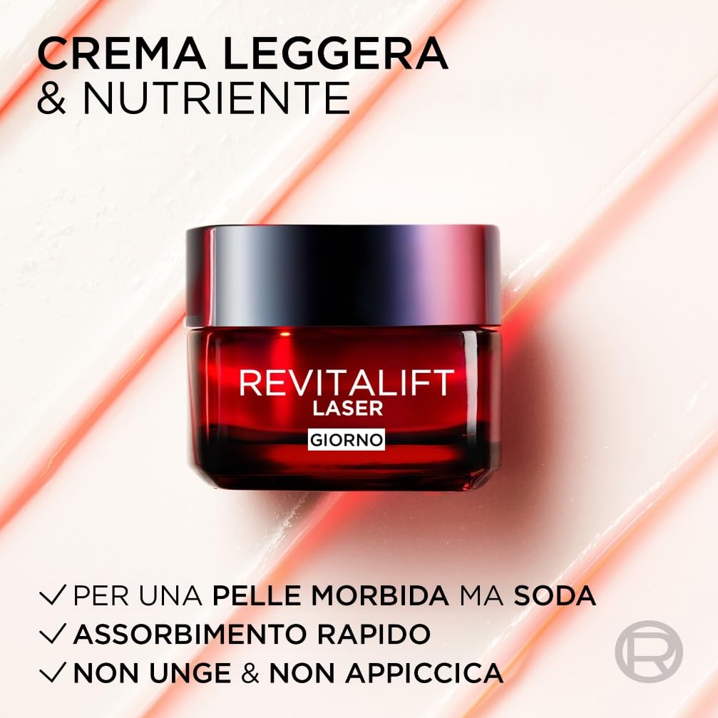 L'Oréal Paris Crema Viso Giorno Revitalift Laser, Per Tutti i Tipi di Pelle, Azione Antirughe e Anti-Età, Pelle più Soda e Tonica, Con Acido Ialuronico, Vitamina C e Pro-Retinolo, 50 ml