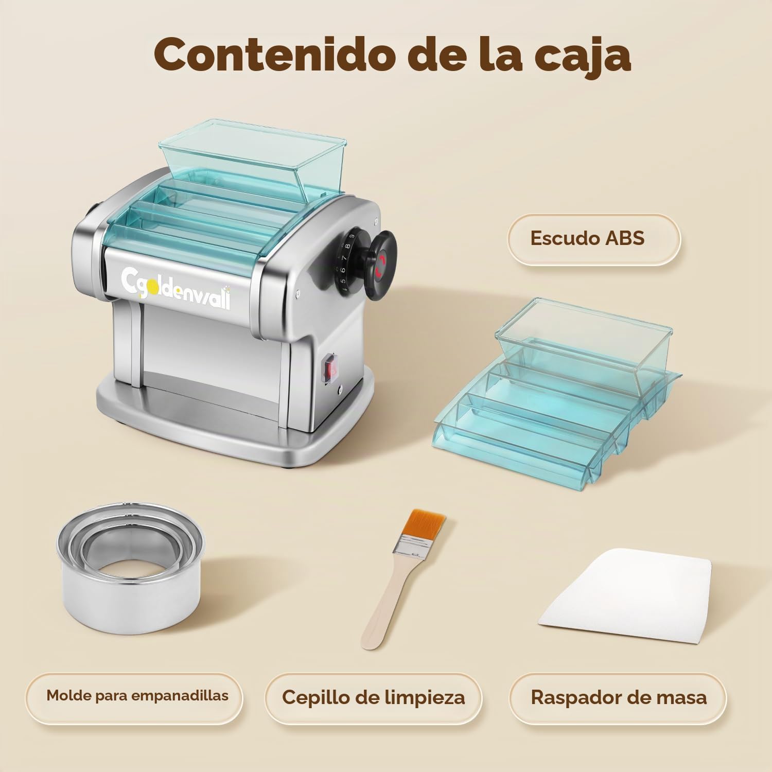 CGOLDENWALL Máquina de Pasta Eléctrica Fresca, Motor de 135W con 2 Cuchillas (2.5 mm/4 mm) y 9 Grosores Ajustables de 0.5-5 mm, Protectora de ABS, Acero Inoxidable para Hacer Espaguetis