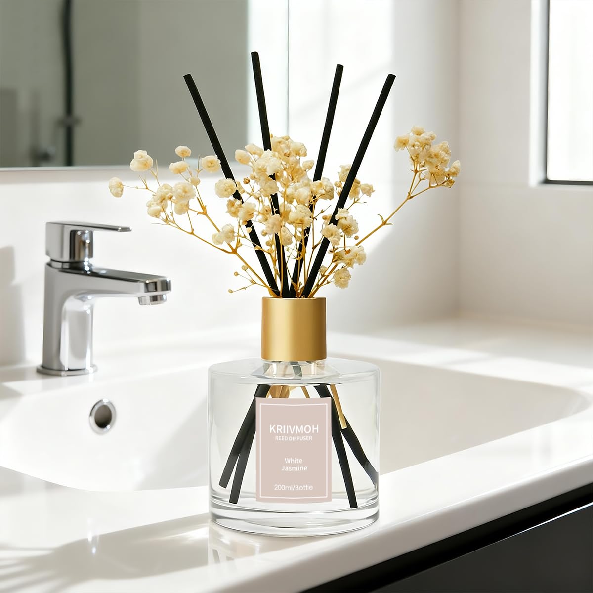 Diffuseur Parfum Maison, 200 ML, diffuseur de Parfum au Jasmin Blanc avec 8 bâtonnets Parfum Longue durée pour la Maison, la Salle de Bain, la décoration de la Chambre