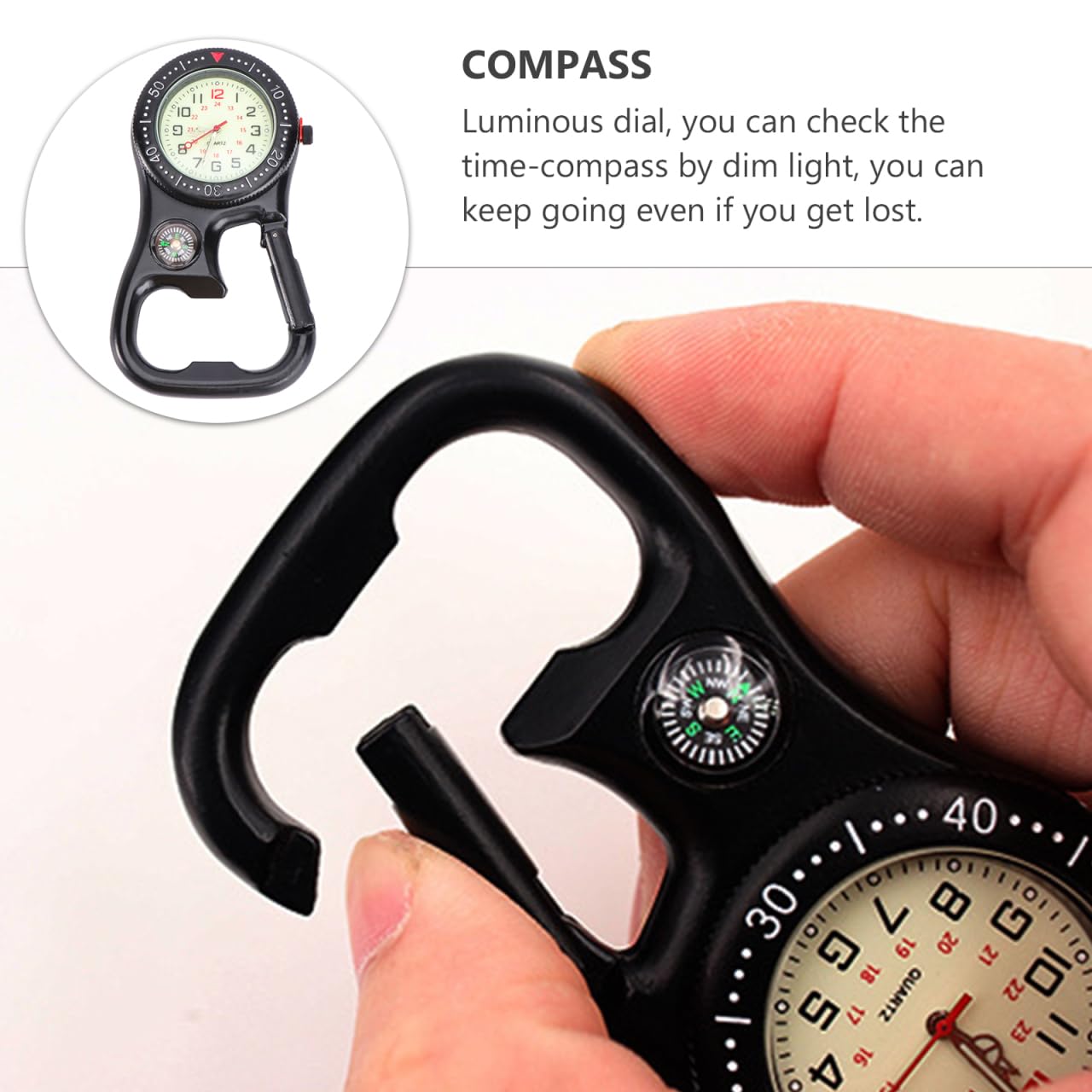 iplusmile Clip-on Uhr mit leuchtendem Zifferblatt, Kompass & Flaschenöffner – 3,23 × 1,81 × 0,47 Zoll, 84 g – wasserdicht für Outdoor & Wandern – für Bergsteiger, Backpacker & Outdoor-Enthusiasten