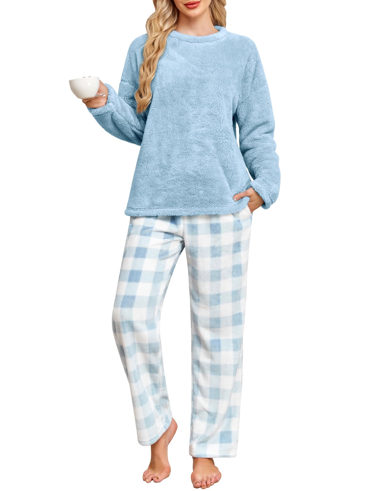 UMIPUBO Pijama Mujer Invierno Polar Manga Larga y Pantalón Largo con Bolsillo Franela 2 Piezas Conjunto de Pijama Calentito Cuadros Ropa de Dormir Suave Plaid Pijamas Navidad