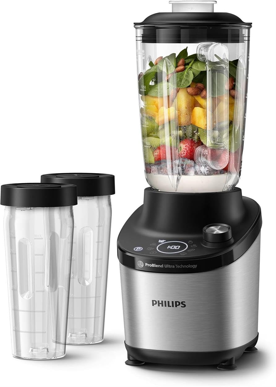 Philips 7000 Series Batidora de Alta Velocidad - 1500 vatios, 2 litros, TecnologÃa ProBlend Ultra, Programas de selección rápida, Recetas HomeID, Función de limpieza rápida, 2 Vasos (HR3760/10)