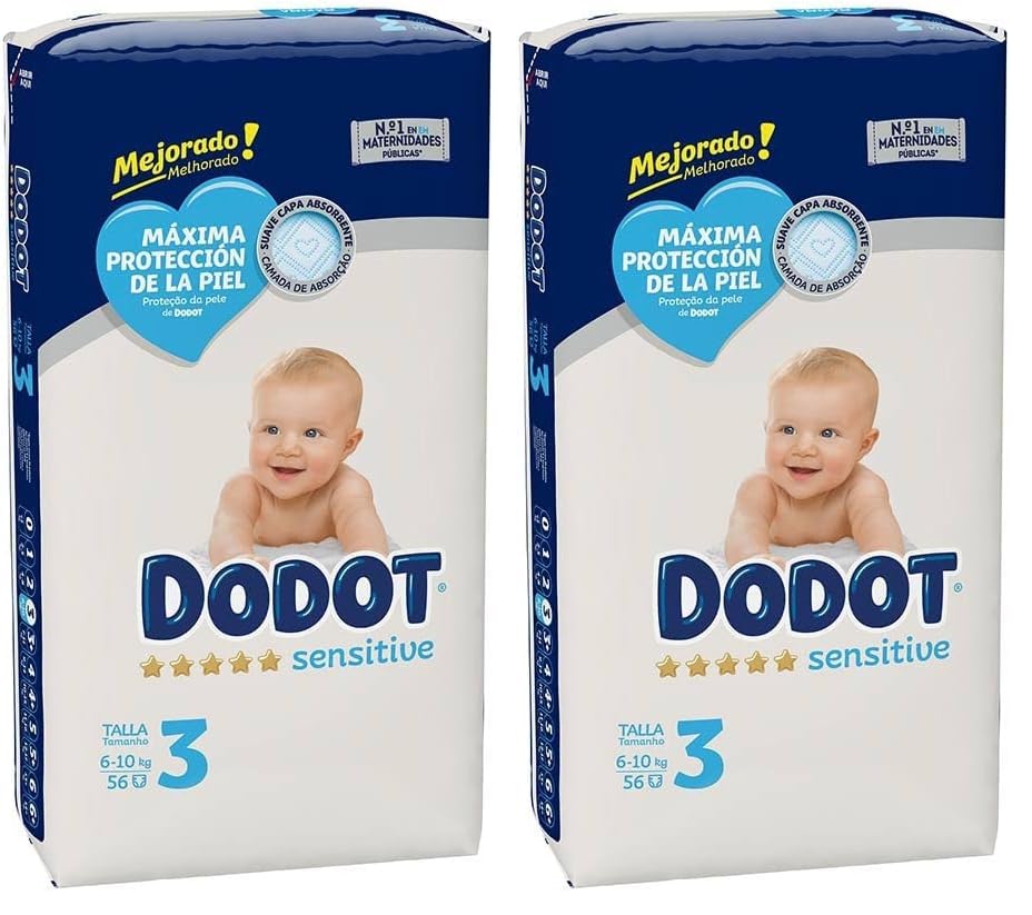 Pañales Dodot Sensitive talla 3 pack de 2 de 56 pañales para bebés de 6 a 10 kg