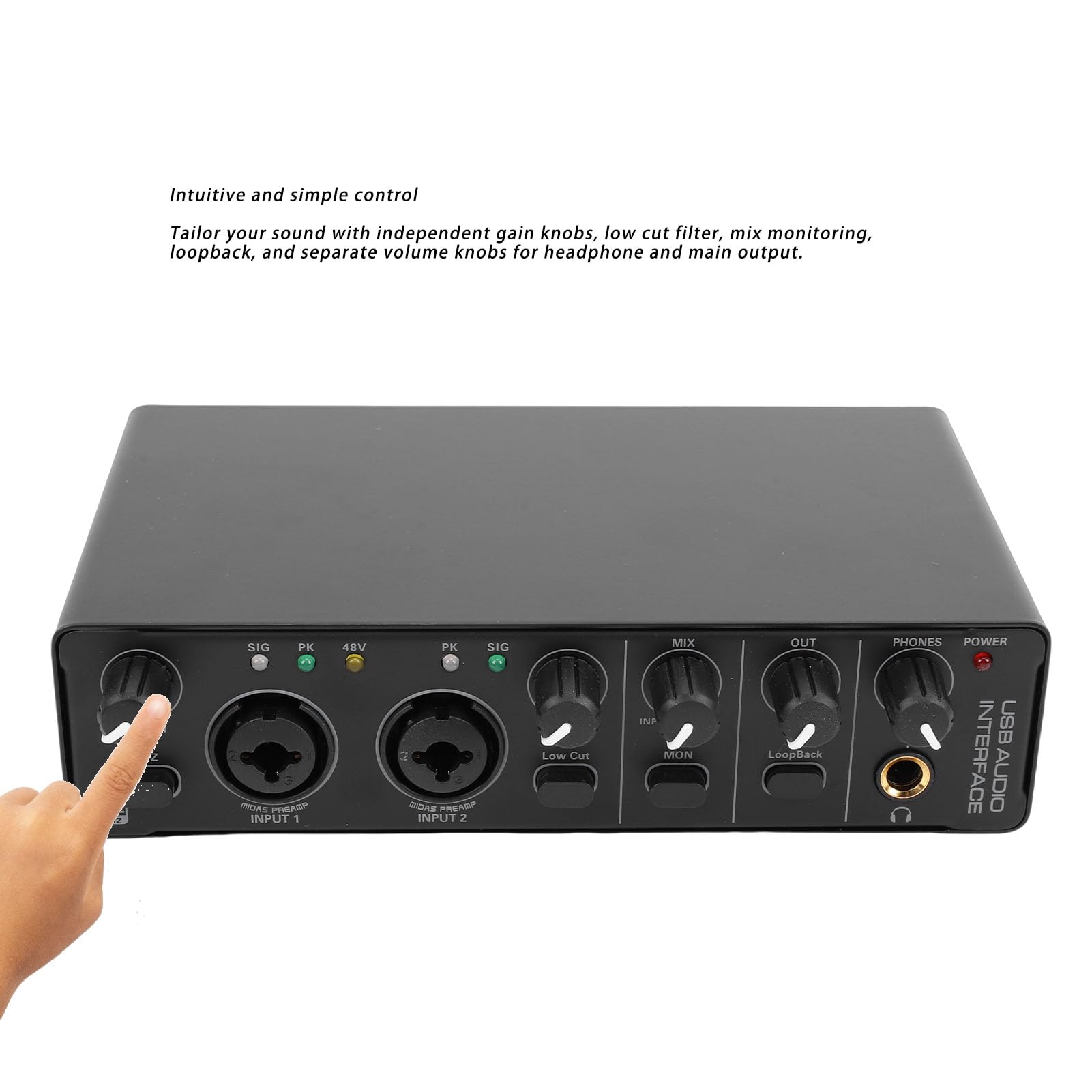 Fockety Interfaz de Audio USB C, Interfaz de Audio de Estudio de Grabación de 24 Bits 192 KHz con Entrada XLR y Alimentación Fantasma de 48 V para Grabación, Podcasting, Guitarrista (BLACK)