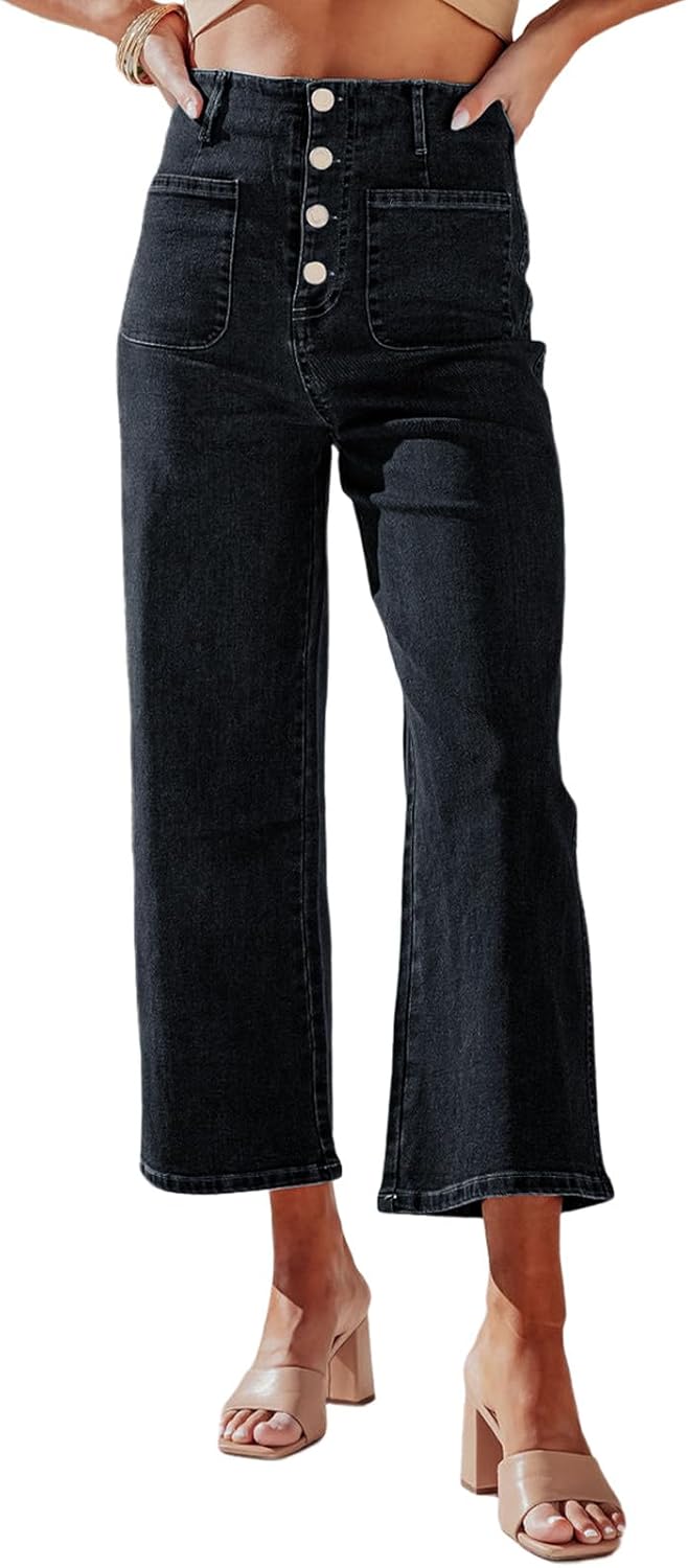 Sidefeel Women's Wide Leg Jeans High Waisted Zimbaplatinum Stretchy Straight Leg Jeans Buttoned Loose Denim Pants with Pocket