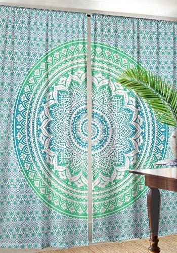 Madhu International Turquoise Ombre Mandala Tapestry Curtain Home Window Treatments 2 Panel Set Curtain Room Divider Blackout Balcony Sheer Indian Cotton Drapes Curtain, 87â€ x 41â€