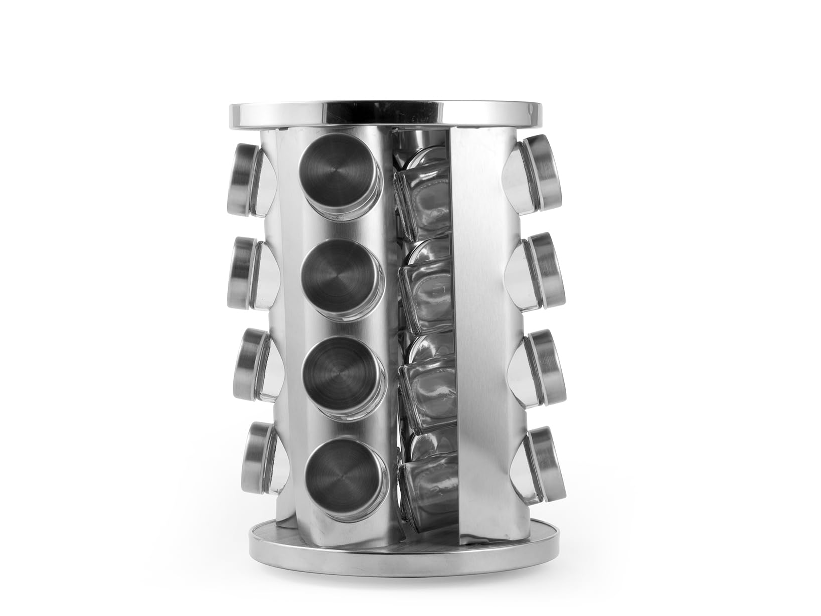 H&H Porta Spezie Girevole con 16 Barattoli in Vetro – Stand in Acciaio Inox e Plastica Effetto Legno, Elegante e Funzionale