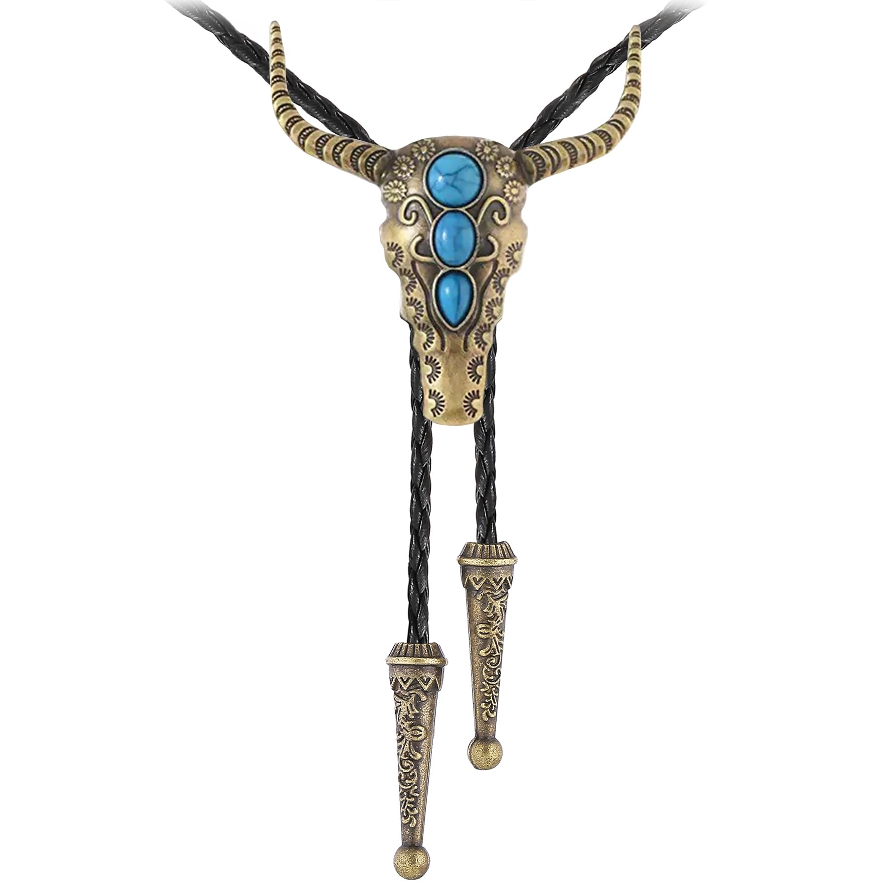 GelConnie Longhorn Bull Bolo Tie for Men Native American Western Cowboy Leather Necktie Bolo Necklace for Women Gold Texas