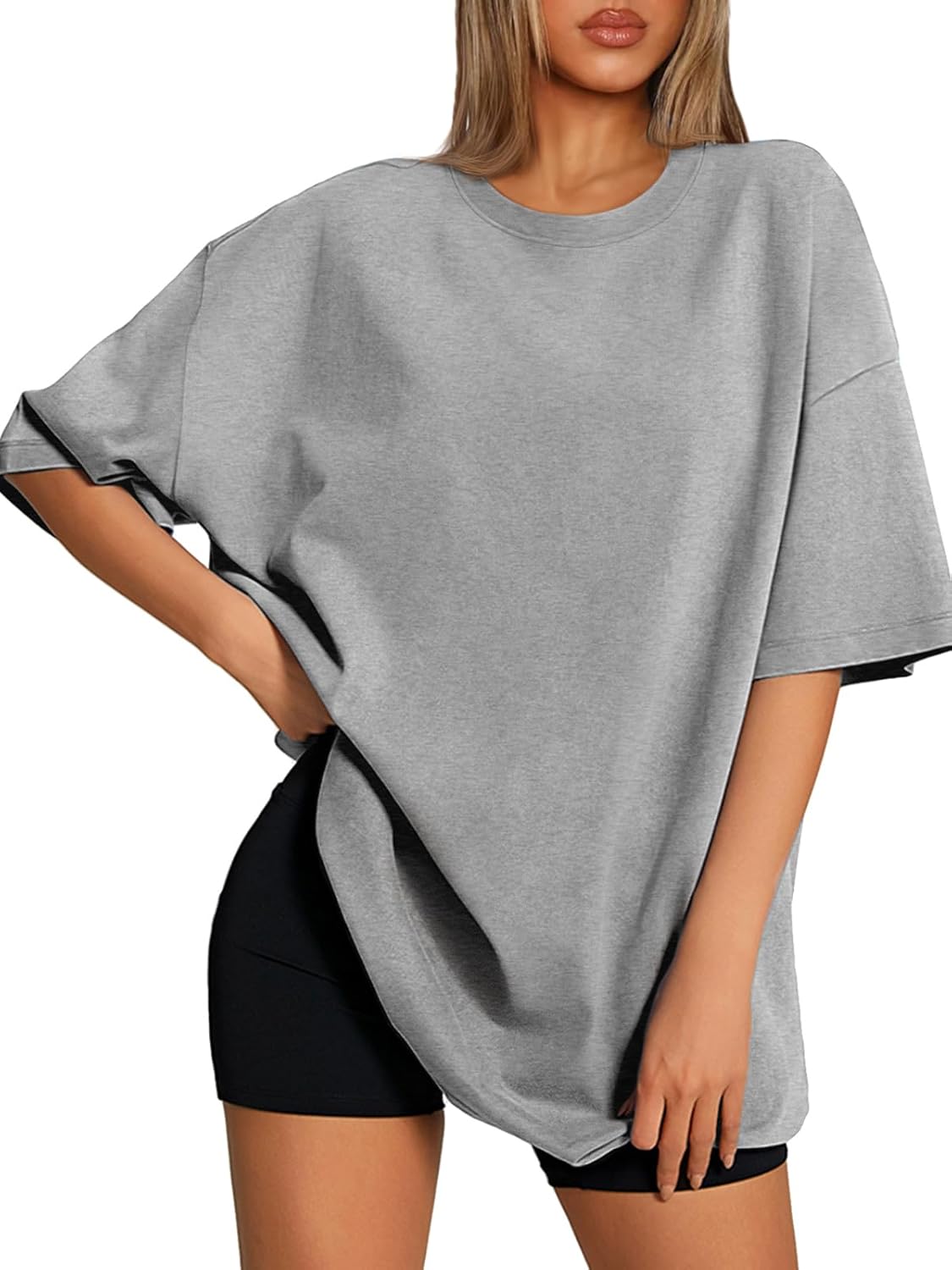 ATHMILE Womens Oversized T Shirts Loose Fit Crewneck Short Sleeve Tops Summer Casual Blouse 2025 Y2K Basic Tee Beach Small Grey