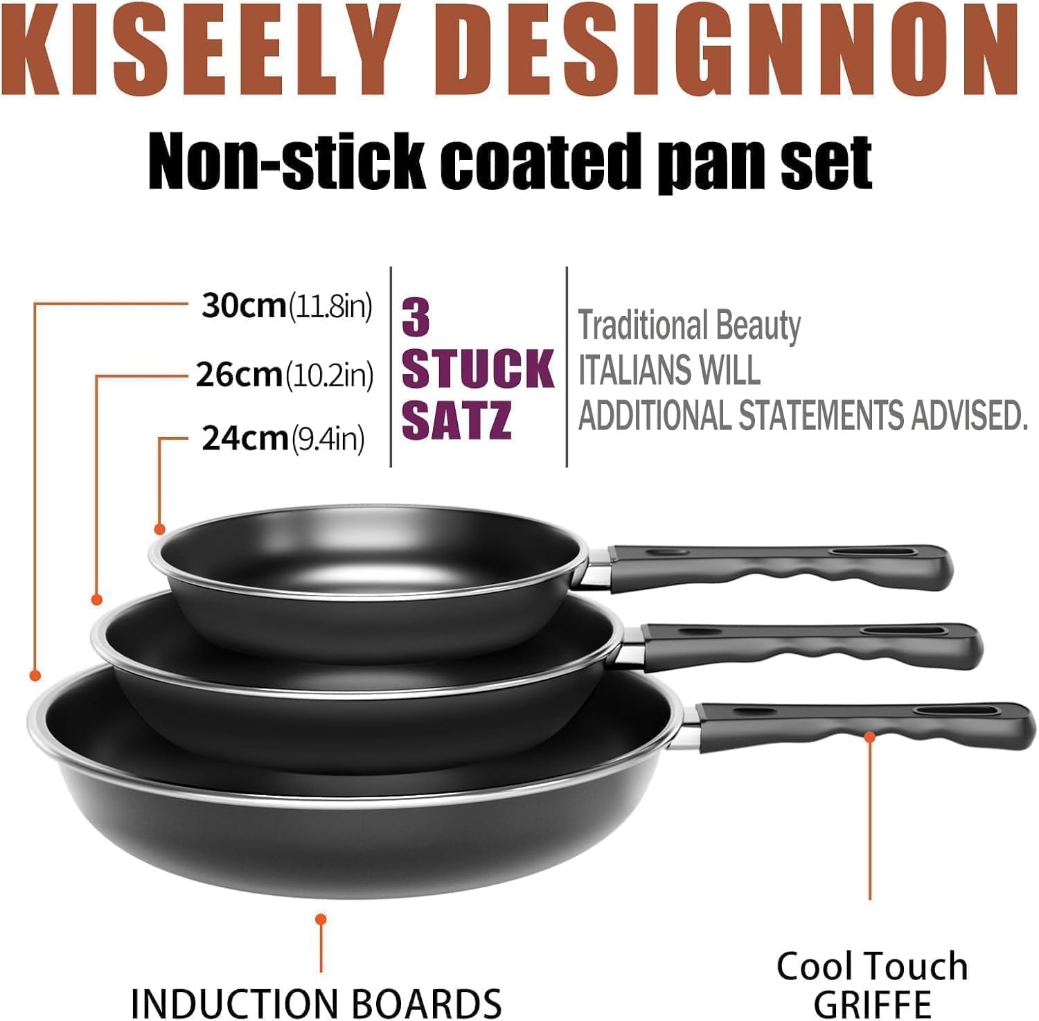Kiseely Juego de sartenes antiadherentes de 24cm, 26cm y 30 cm (3 piezas), resistentes al calor, sin PFAS, aptas para todo tipo de cocinas, incluida la inducción (AG1)