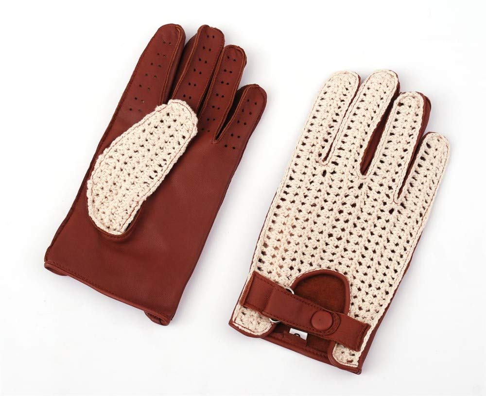 Men`s Real Leather Driving Gloves Retro Style Full Finger Crochet Cognac Chauffeur (X-Large, Cognac)