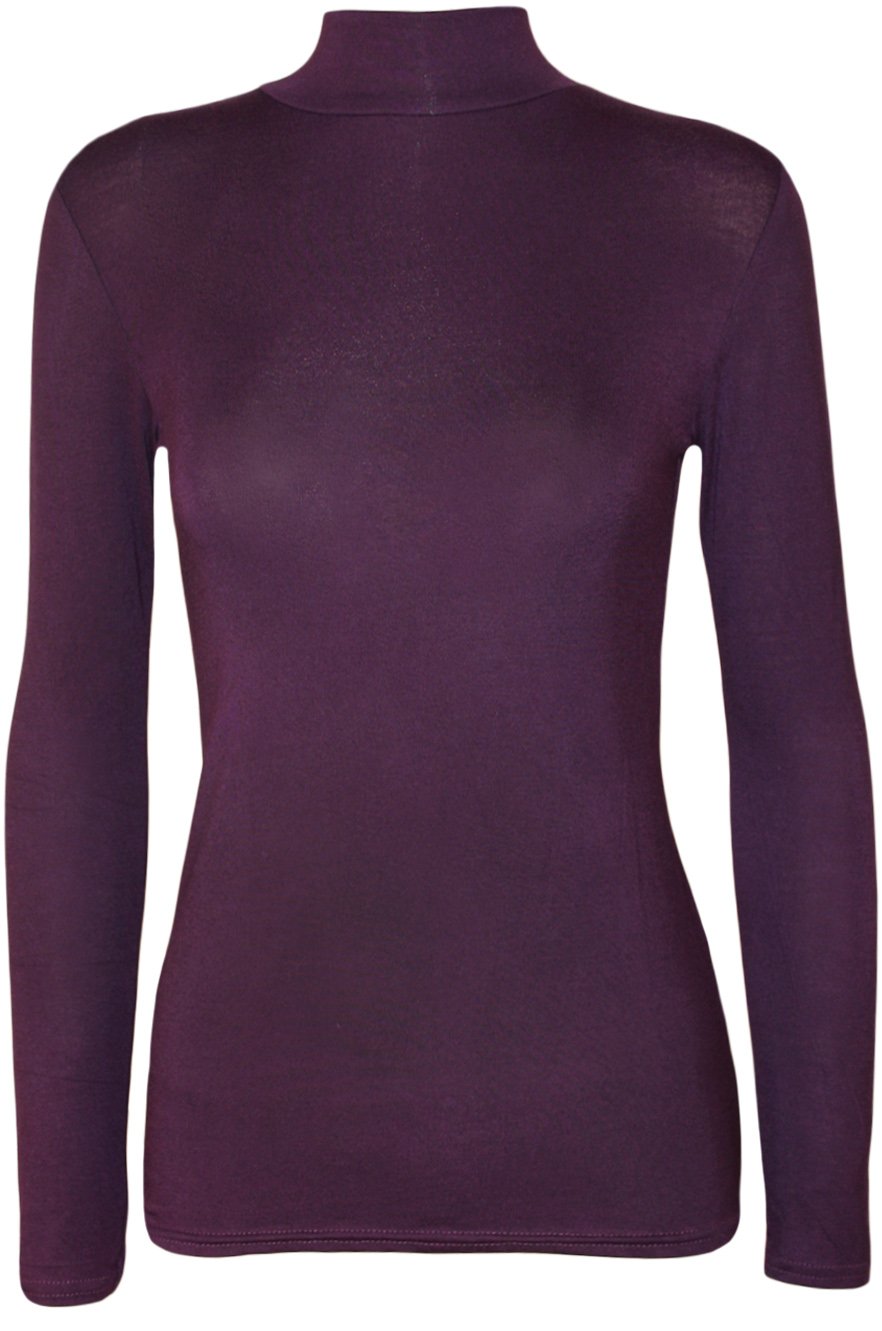 Wearall Women's Purple Plain Turtle Neck Long Sleeve Thin Jersey Stretch Top - 12-14