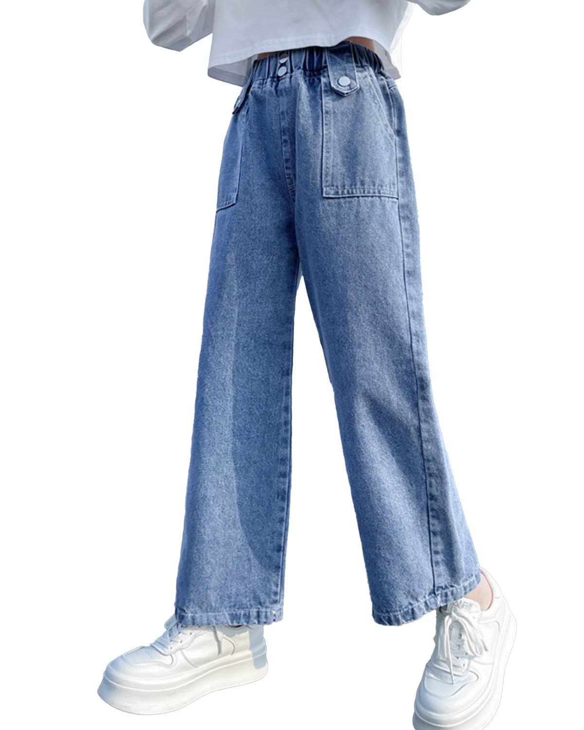 Rolanko Jeans Baggy pour Filles Pantalon en Denim Patchwork à Taille Élastiquée