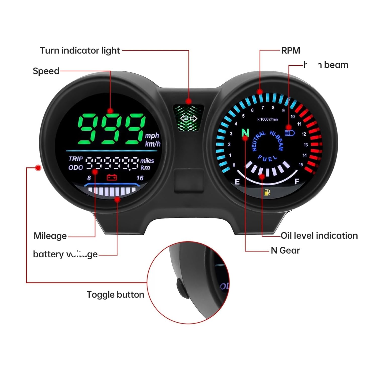 タコメーター計器 オートバイアクセサリー デジタルタコメーター スピードメーター 走行距離計 デジタルダッシュボードメーター 為にホ