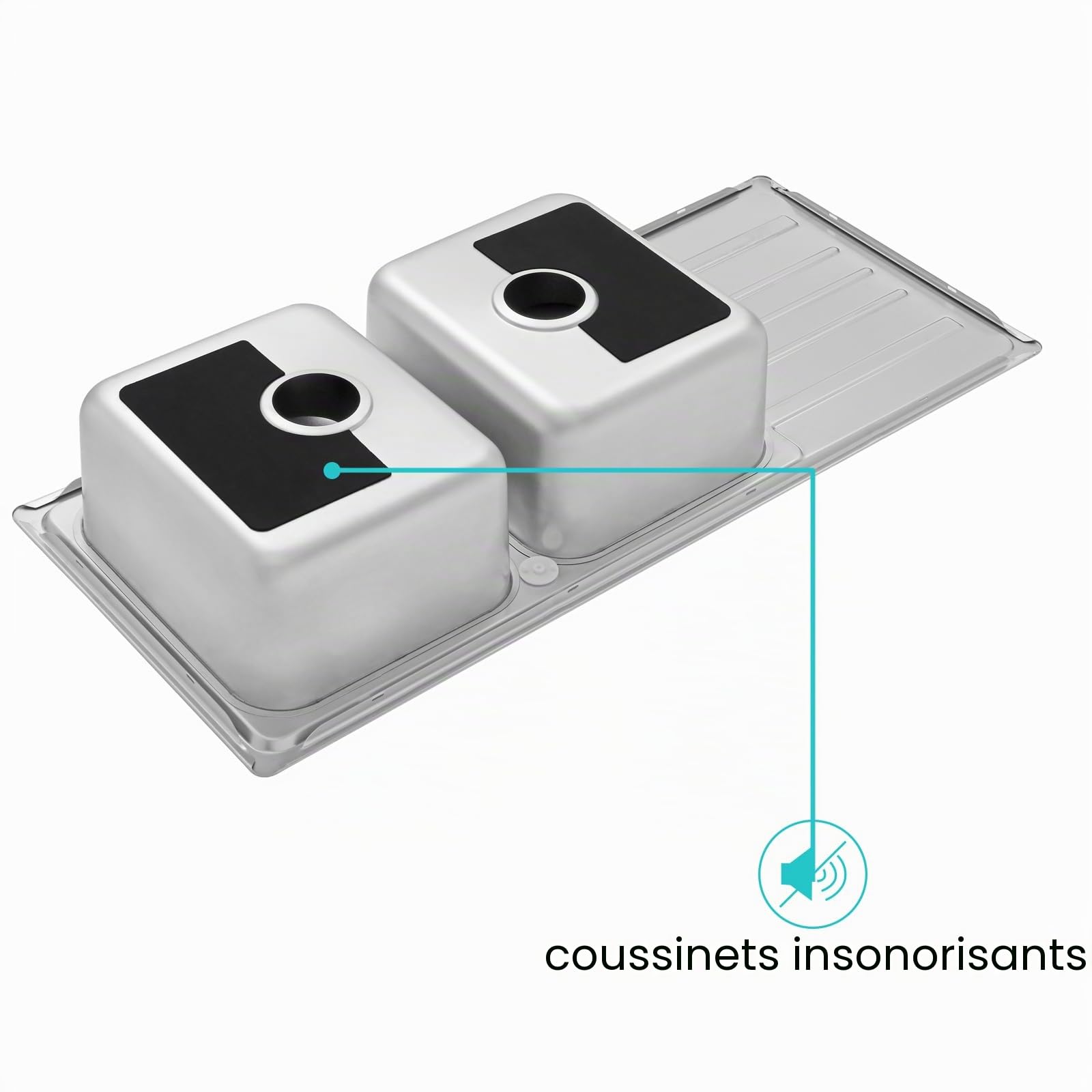 JASSFERRY Évier de cuisine 2 Bacs 1160 x 500mm, Acier Inoxydable, Égouttoir réversible, avec trop-plein