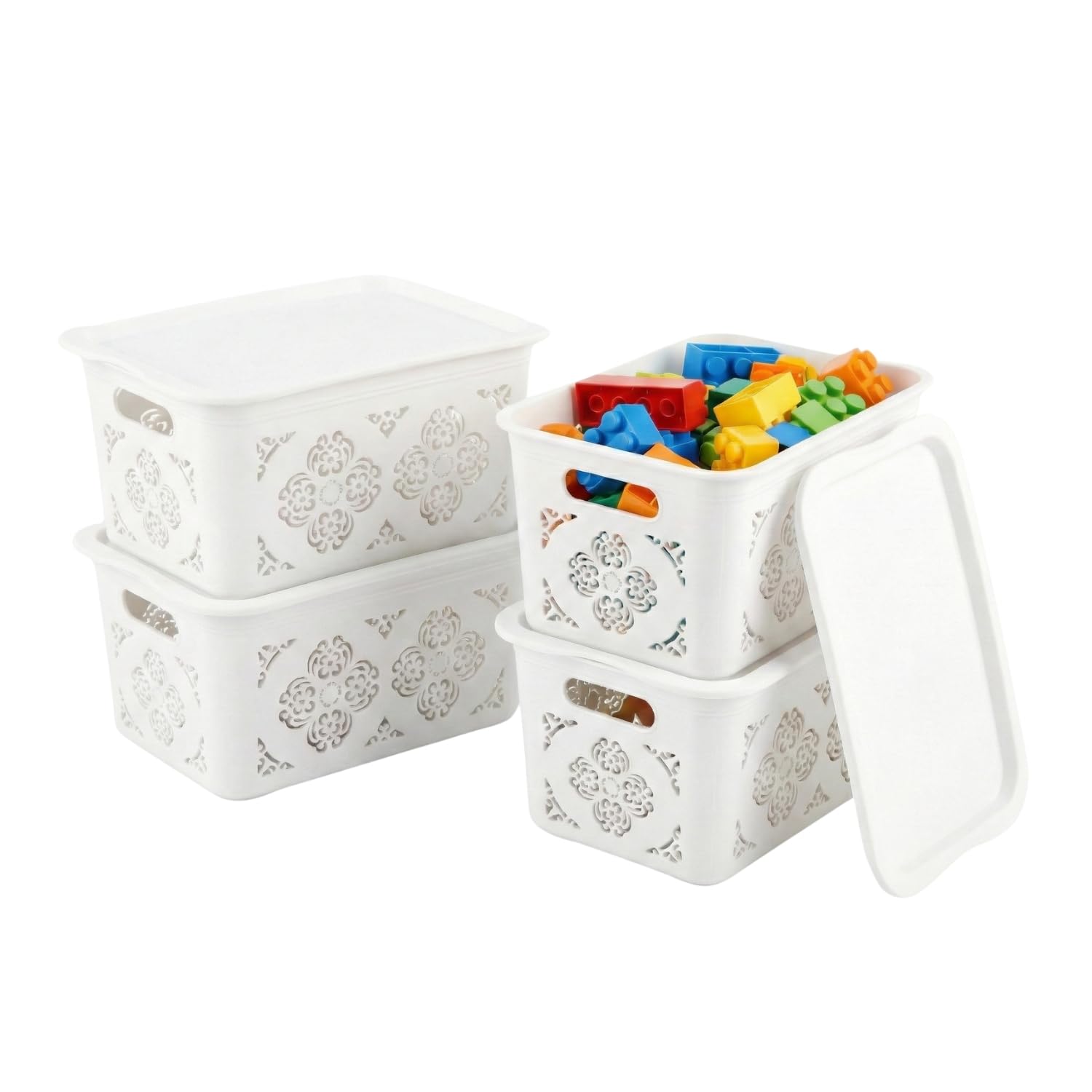 HOMESHOPA Large Plastic Storage Baskets with Handles and Lids, Stackable Storage Containers Bins for Kitchen, Bathroom, & Office Shelf Narrow Boxes (4, Medium) — image 1