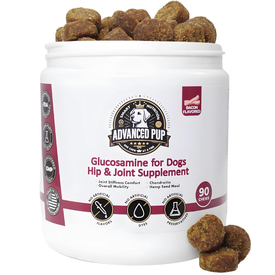 AdvancedPUP Dog Hip and Joint Supplement - Glucosamine for Dogs - Dog Hip & Joint Care with Chondroitin, MSM, & Turmeric for Dog Joint Relief - Regain Dog Mobility with Natural Tasty Bacon - 90 CT