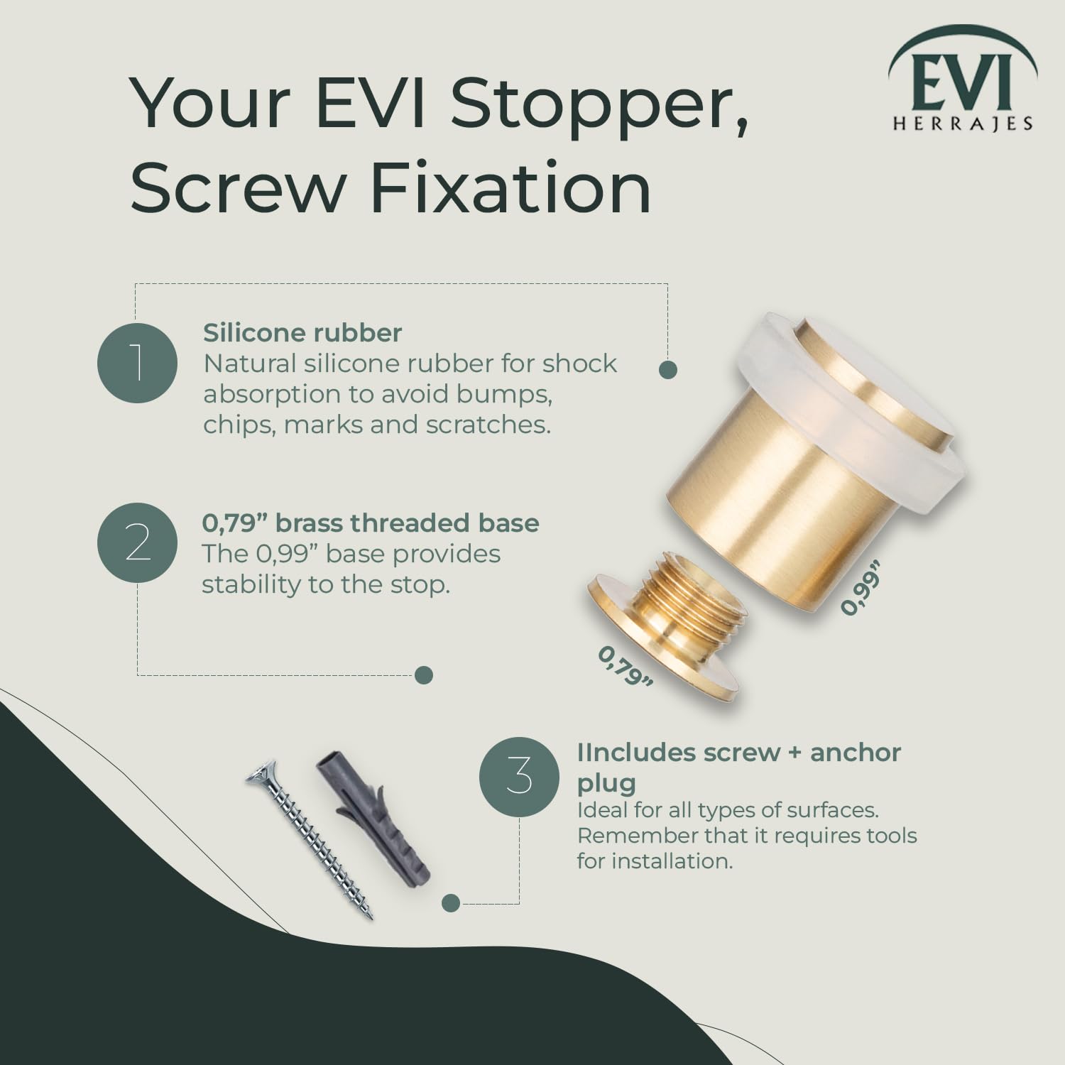 EVI Door Stops |Brass Door Stopper - Screw Fastening - White Rubber Protector - 0.79 x 0.99 Inch Door Stop