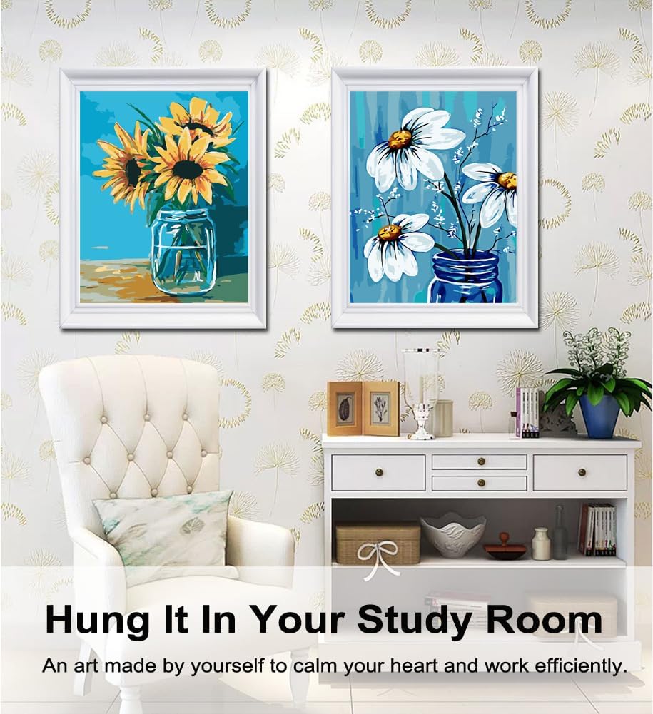 BAISITE Paint by Numbers Kit for Adults Beginners,12" Wx16 L 2 Pack Canvas for Painting Kits for Adults in Colorful Box-Daisy and Sunflowers 0304-DIY Frame