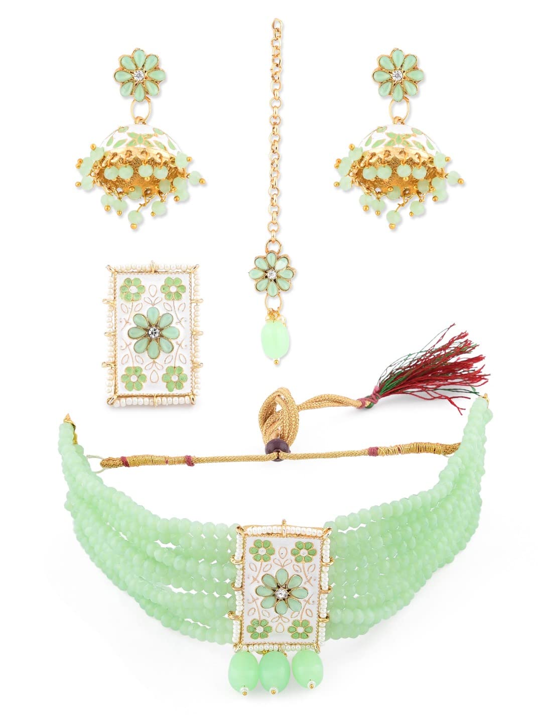 ZAVERI PEARLS Green Multistrand Choker Necklace Earring Maangtikka & Ring Set For Women-ZPFK11473 (B09MKL8SSG) Amazon Price History, Amazon Price Tracker