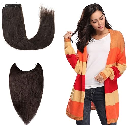 Halos Hair Extensions Human Hair Wire In Hair Extensions One Piece Secret Fish Line Hair Piece Transparent Invisible Rubber Band With 2 Clips Long Silky Straight #02 Dark Brown 16'' 60g
