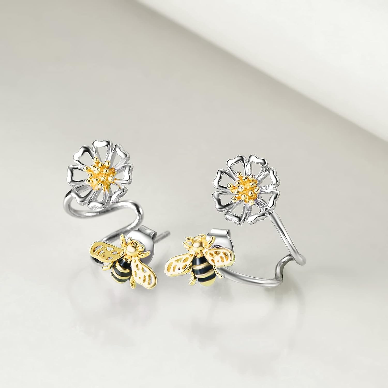 POPLYKE Bee Sterling Silver Ear Climber Crawler Cuff Wraps Earrings Daisy Flower Jewelry Gifts for Women Hypoallergenic