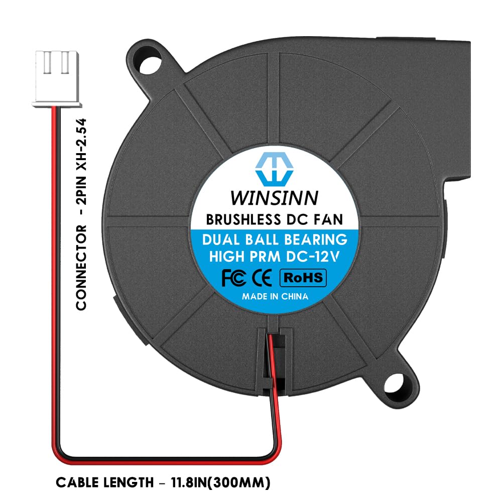 WINSINN Ventilateur souffleur 5015 50 mm 12 V 7500 PRM, imprimante 3D 12 V 12 V, turbine turbo à double roulement à billes, ventilateur de refroidissement sans balais 50 mm x 15 mm à 2 broches (lot de