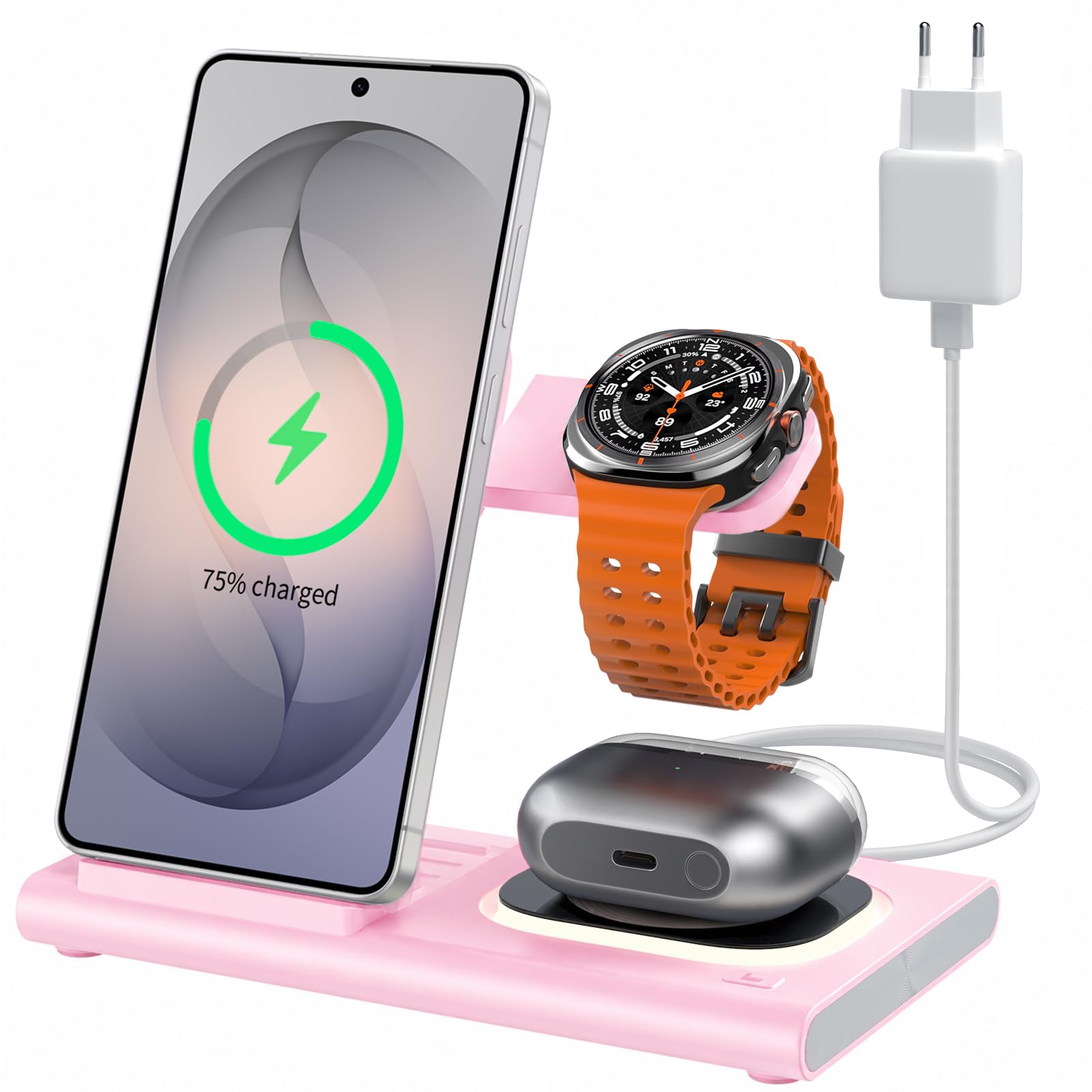 Stazione di ricarica 3 in 1 per Samsung, pieghevole e luce notturna, stazione di ricarica induttiva per Samsung S26/S25/S24/S23/ZFlip/Fold, caricabatterie wireless per Samsung Galaxy Watch Ultra/8/7/6