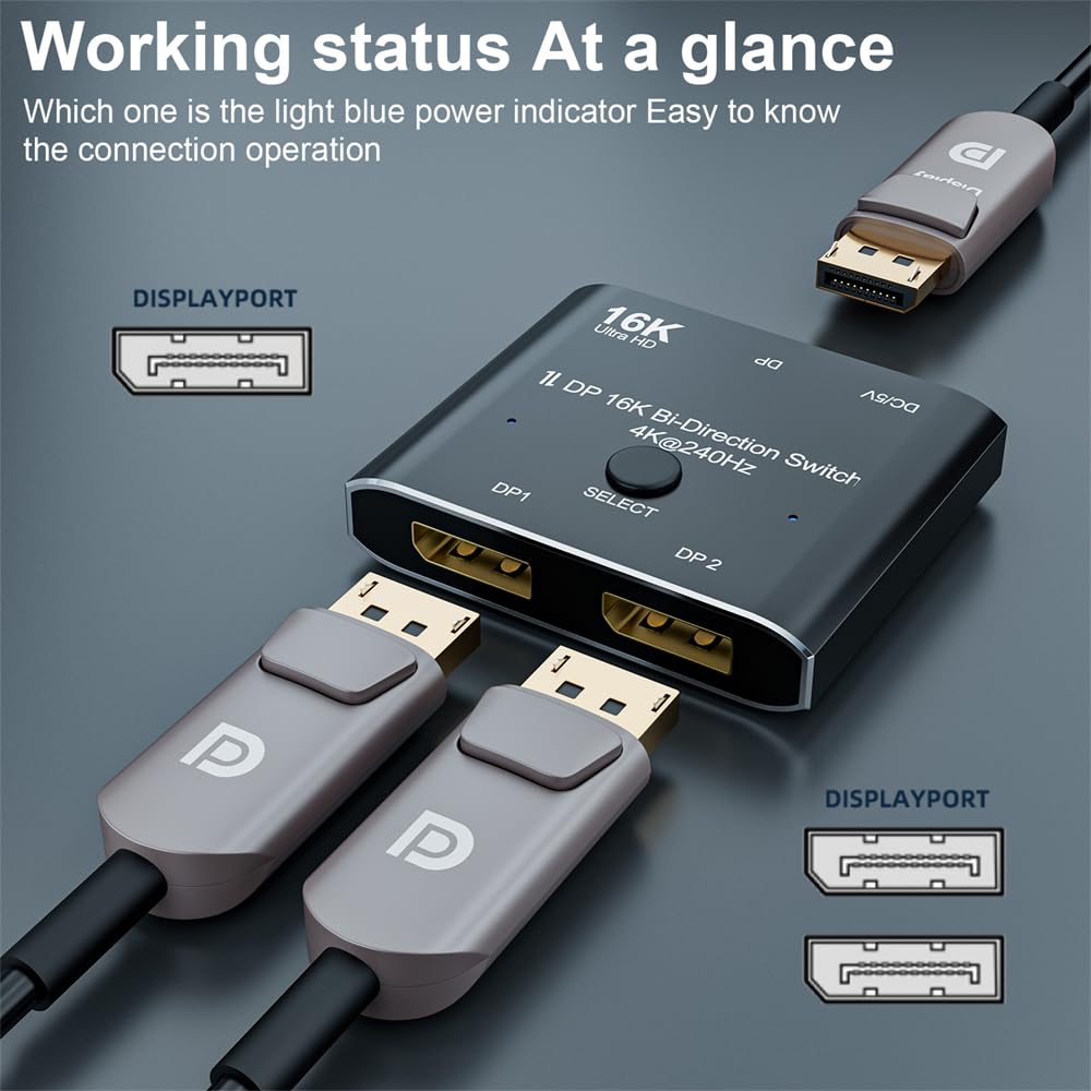 DP DisplayPort 2.0 Dwukierunkowy 2x1 Przełącznik Splitter Selector Hub Wsparcie HDCP SST Extended 16K @ 60Hz 4K @ 240Hz Konwerter