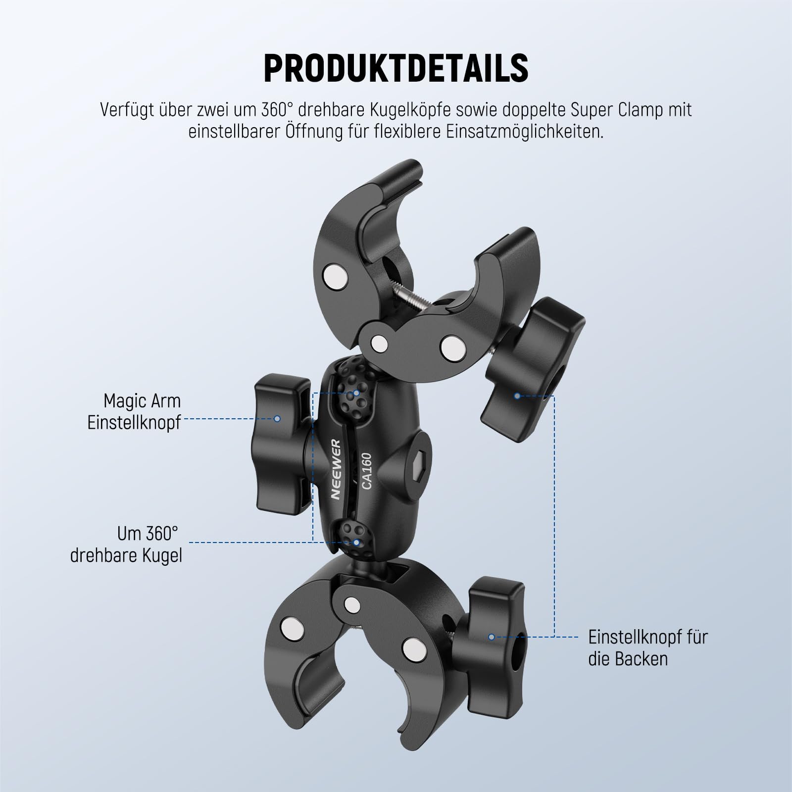 NEEWER Super Clamp Mount mit Magic Arm, Doppelklemme Halterung, 360° Klemmenhalter für Schreibtisch Fotostudio Lichtstativ Fotografie Reflektor Scrim Querstange Motorradlenker Kinderwagen Stuhl, CA160