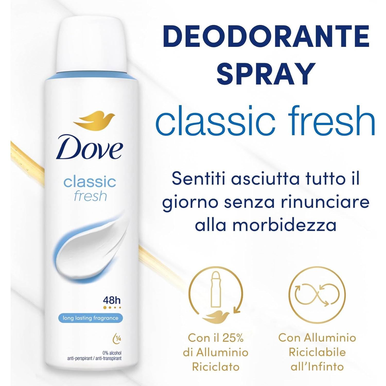 Dove Classic Fresh Deodorant Spray Anti-Transpirant 48H, ohne Alkohol, mit feuchtigkeitsspendender Creme, empfindliche Haut, 150 ml (12 Stück)