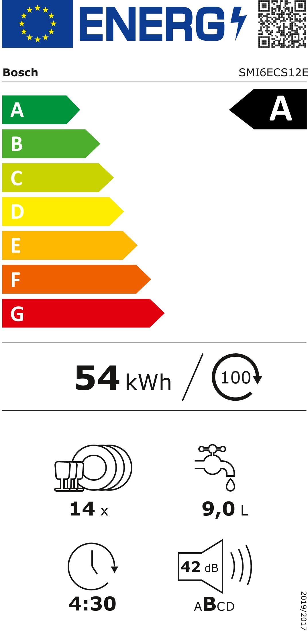 Bosch SMI6ECS12E Serie 6, Lavavajillas empotrable con frente, Home Connect, Extra Clean zone: lavado intenso para la suciedad más rebelde, diagnóstico a distancia, acero, 60 cm