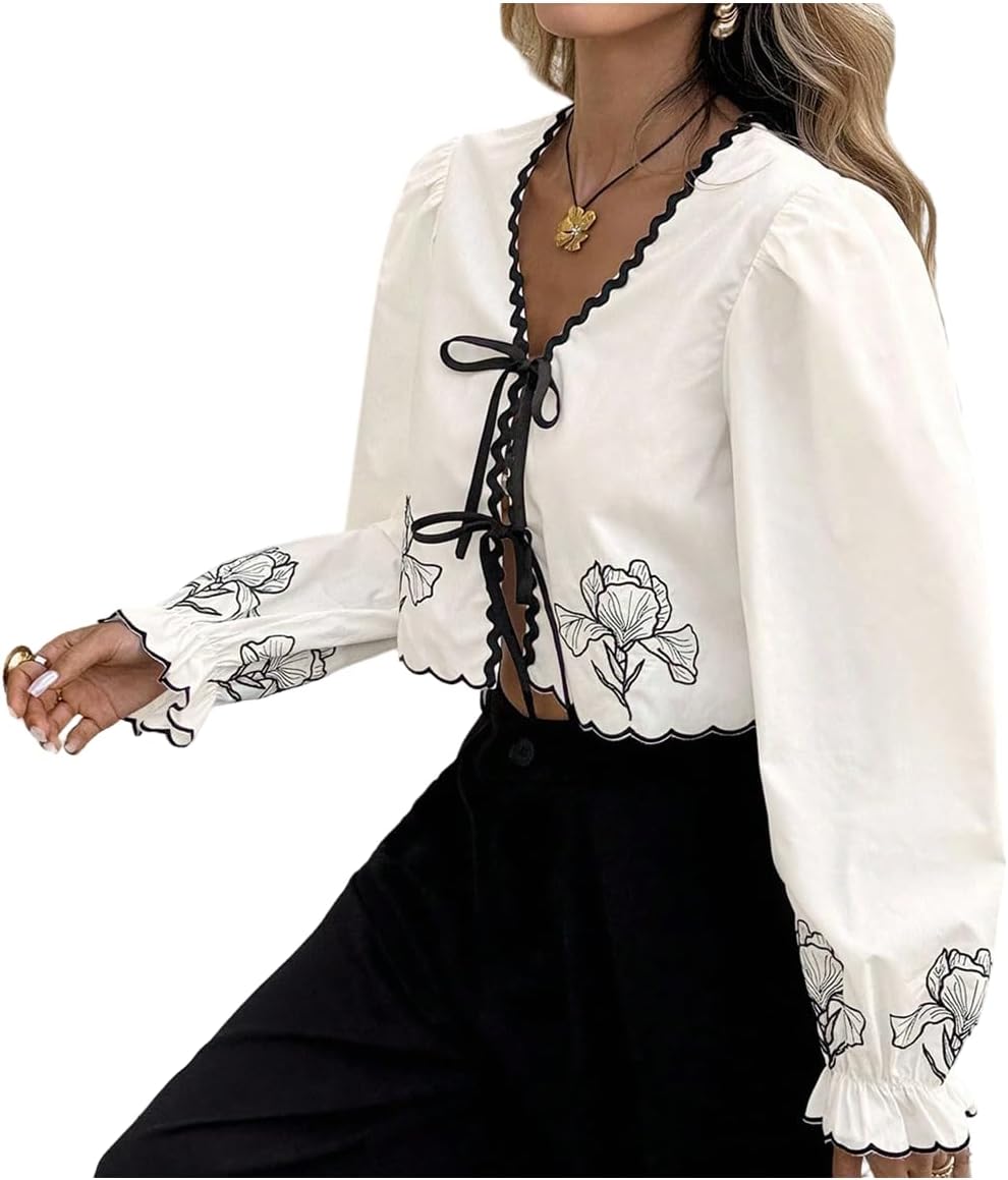 Women's Boho Tie Front Crop Tops Floral Bow Flounce Long Sleeve V Neck Blouse Shirts Tops