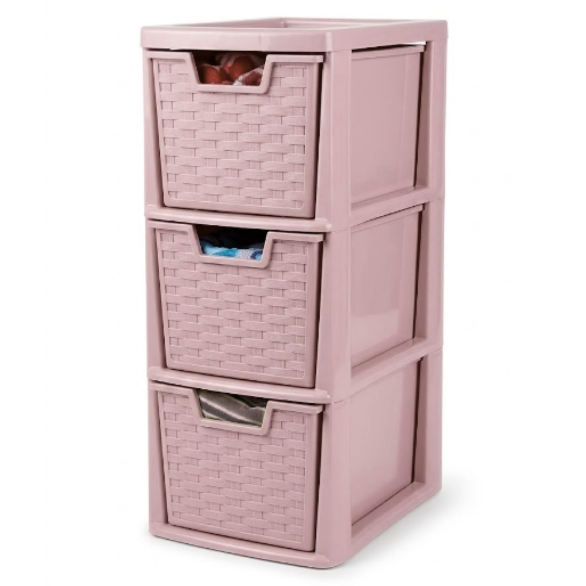 KYY'Z - Medium Plastic Storage Drawer Unit - Rattan Effect Tower Freestanding Drawers - Stackable & Stylish Cabinet with Deep Pull-Out Compartments - Space-saving Organiser - (Pink, 3 Tier) — image 1