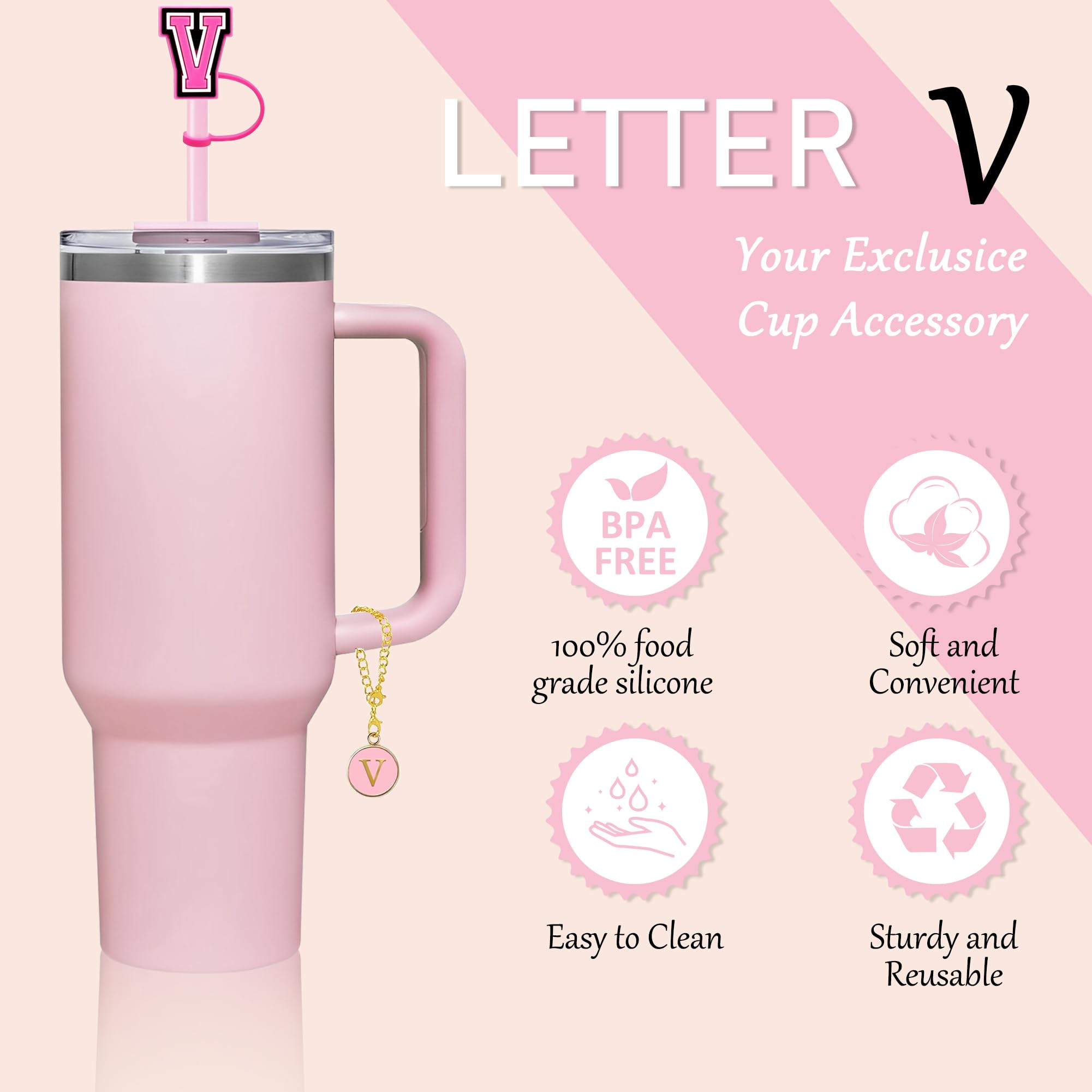 Letter V Stanley Straw Toppers Charms for Stanley Accessories - Personalized with Initial Name ID for 10mm Straw and 30&40 oz Tumbler
