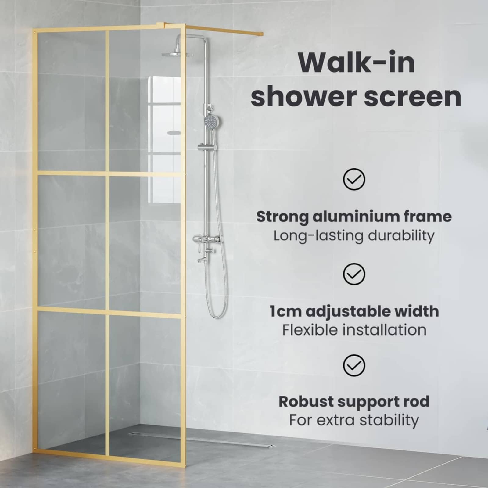 vidaXL Walk-in - Mampara de ducha (cristal templado, 100 x 195 cm), color dorado
