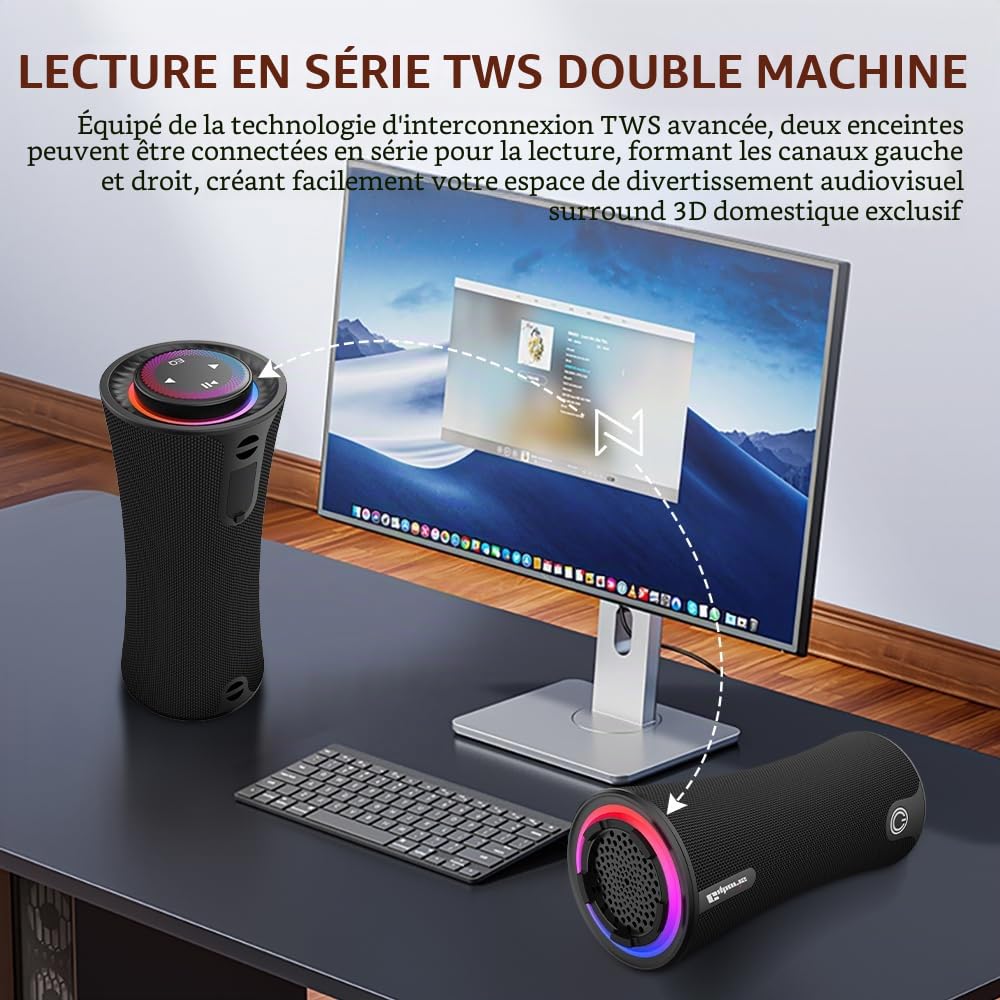 Enceinte Bluetooth Portable, 80W Peak Haut-Parleur sans Fil avec Basses Profondes, Son Stéréo 360°, Autonomie 24h, Poignée Confortable, Lumières LED, Appairage Double TWS pour Maison, Fête, Extérieur