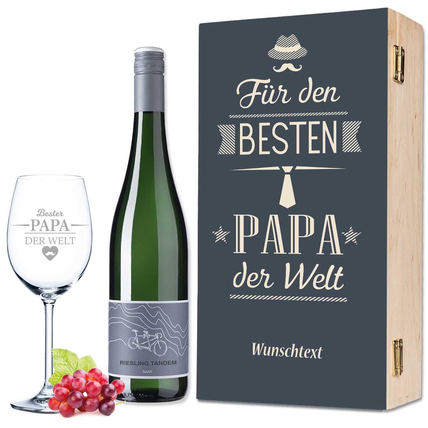 GRAVURZEILE Leonardo Weinglas mit Gravur - Bester Papa der Welt - Geschenkset inkl. Holzkiste & Flasche Wein - Geschenke für den besten Papa zum Vatertag, Geburtstag & Weihnachten - Farbe: Geschenkset