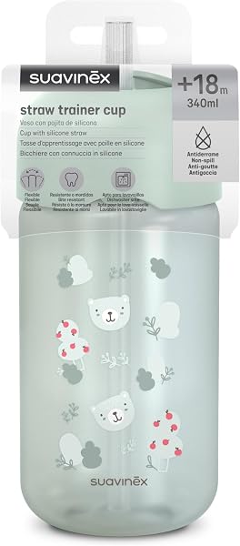 Suavinex, Bicchiere Evolutivo per Neonati+18 Mesi, Bicchiere con Cannuccia in Silicone Morbido e Flessibile, con Sistema Anti-fuoriuscita e Anti-gocciolamento, con Coperchio, 340 ml, Wild&Free verde - 5