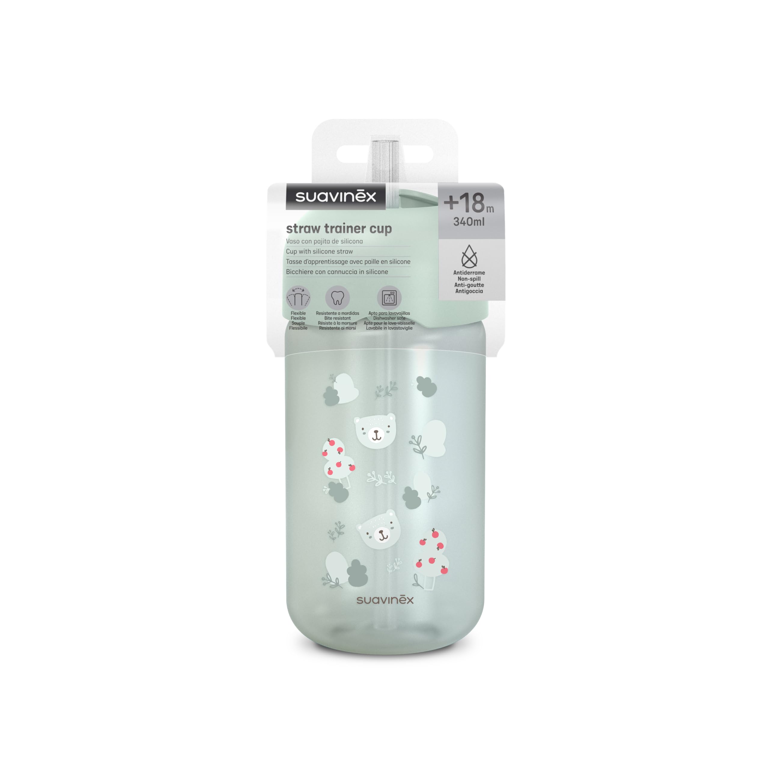 Suavinex, Tasse Apprentissage Bébé, Gourde Paille Enfant, Gobelet Bébé avec Paille en Silicone Flexible, Résiste à la Morsure, Anti-goutte, Apte Lave-vaisselle, +18 Mois, 340 ml, Wild&Free Vert