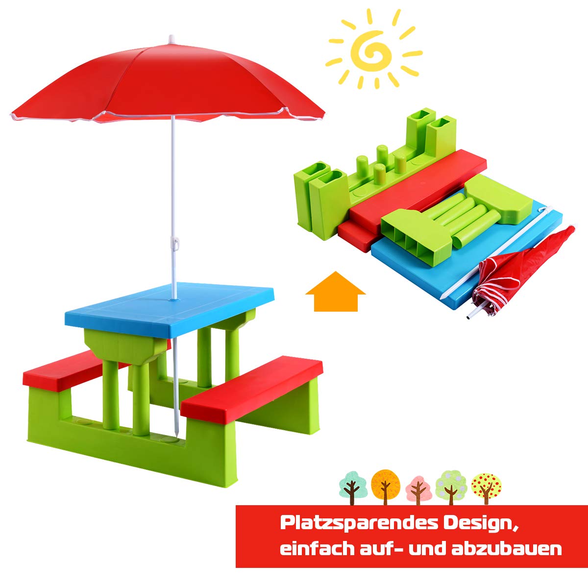 RELAX4LIFE Sitzgruppe Kinder, Sitzgarnitur Outdoor, Kindermöbel mit Sonnenschirm, Kindertisch Inkl. 2 Bänke, Picknickbank PP Wetterfest, Einfacher Auf- und Abbau, für bis 4 Kinder (Grün)