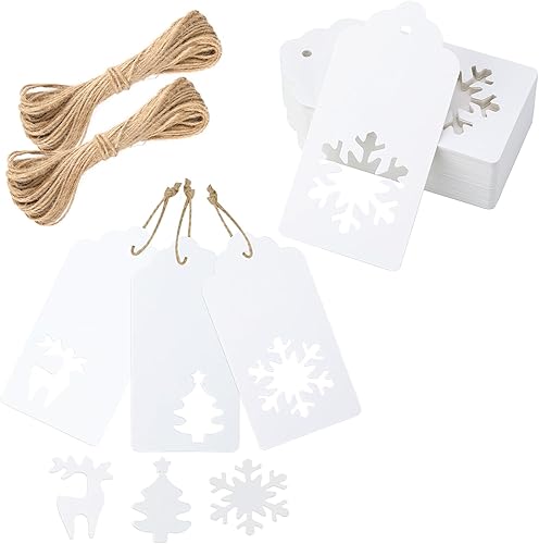 Miniatura 7 de 150 etiquetas rojas de regalo de Navidad con cuerda, 3 estilos de etiquetas huecas en blanco, copos de nieve, árboles, cervones, etiquetas de regalo