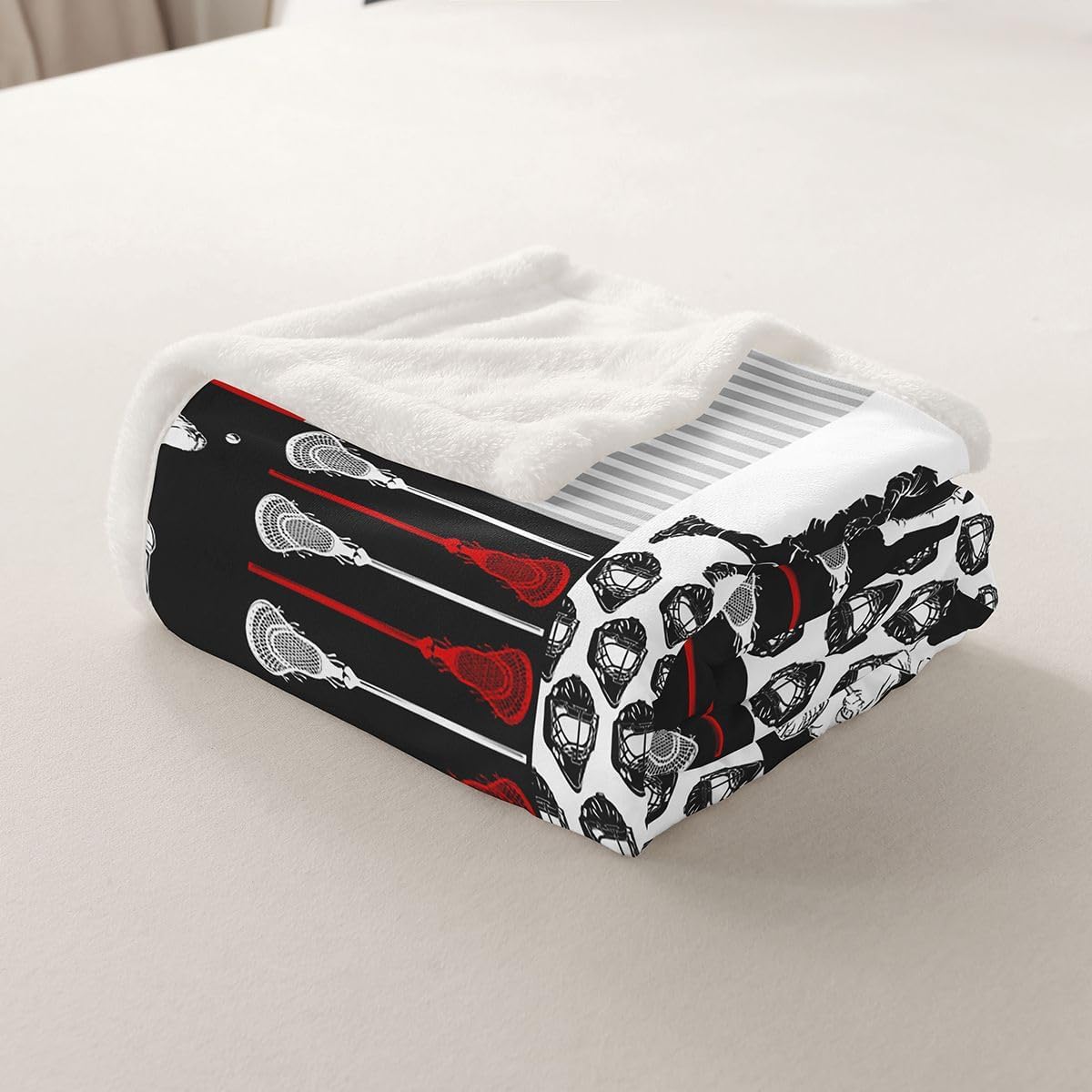 jejeloiu Lacrosse Flannel Fleece Throw Blanket for Sofa Couch Sports Game Sherpa Blanket All Season Twin 60"x80" Sports Theme Fuzzy Blanket Buffalo Check Plaid Plush Blanket Red