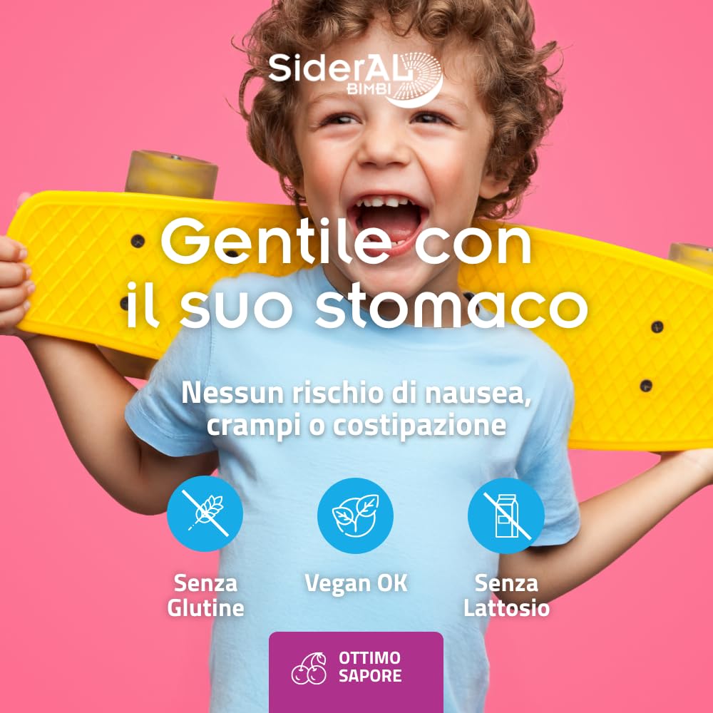SiderAL Bimbi integratore alimentare a base di ferro Sucrosomiale® (9 mg), Vitamina C, B, B12 Sucrosomiale® e Acido Folico, No gusto metallico, No Glutine, Alta tollerabilità, 20 bustine, Pharmanutra